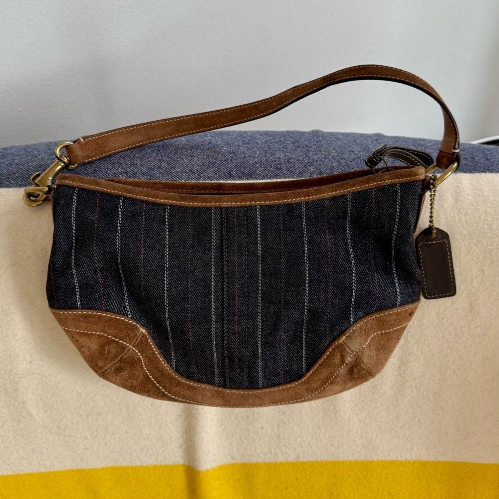Vintage 90s/early 00s Coach Small Suede and Striped Blue Denim Shoulder Bag